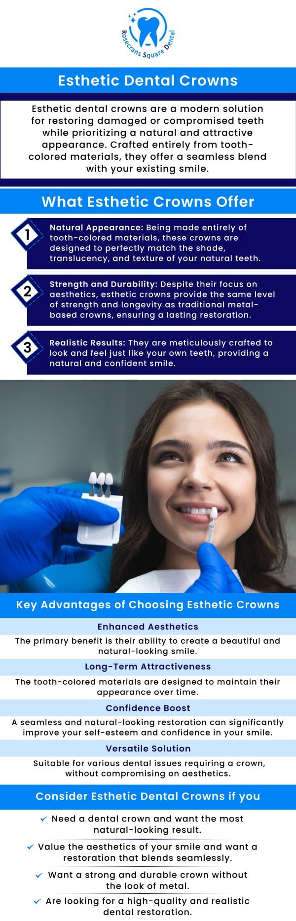 A crown made entirely of tooth-colored materials can be as strong and durable as metal-based crowns while also preserving its attractiveness over time. Esthetic crowns are preferred because of their ability to blend in with your natural teeth, making your smile appear flawless. At Rosecrans Square Dental, Dr. Eun Soo Lee and his staff offer comprehensive crown services to restore your smile and get you back to feeling and looking your best. For more information, contact us or schedule an appointment online. We are conveniently located at 11818 Rosecrans Ave, Ste B Norwalk, CA 9065. A crown made entirely of tooth-colored materials can be as strong and durable as metal-based crowns while also preserving its attractiveness over time. Esthetic crowns are preferred because of their ability to blend in with your natural teeth, making your smile appear flawless. At Rosecrans Square Dental, Dr. Eun Soo Lee and his staff offer comprehensive crown services to restore your smile and get you back to feeling and looking your best. For more information, contact us or schedule an appointment online. We are conveniently located at 11818 Rosecrans Ave, Ste B Norwalk, CA 9065.