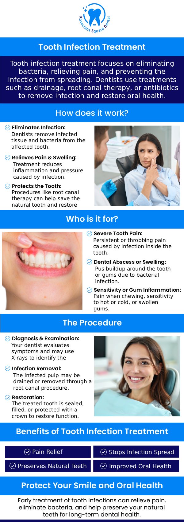 Tooth infection symptoms often include persistent or throbbing tooth pain, sensitivity when chewing, swelling or redness in the gums or jaw, and a bad taste in the mouth due to possible pus drainage; as the infection worsens, pain may become more intense and constant, sometimes spreading to the ear, neck, or surrounding teeth, making it difficult to eat or sleep, which is why early dental evaluation is important to prevent complications. At Norwalk Rosecrans Square Dental, Dr. Eun Soo Lee, DDS, and his team provide timely diagnosis and treatment to help relieve infection and restore oral health. For more information, contact us or schedule an appointment online. We are conveniently located at 11818 Rosecrans Ave, Ste B, Norwalk, CA 9065. Tooth infection symptoms often include persistent or throbbing tooth pain, sensitivity when chewing, swelling or redness in the gums or jaw, and a bad taste in the mouth due to possible pus drainage; as the infection worsens, pain may become more intense and constant, sometimes spreading to the ear, neck, or surrounding teeth, making it difficult to eat or sleep, which is why early dental evaluation is important to prevent complications. At Norwalk Rosecrans Square Dental, Dr. Eun Soo Lee, DDS, and his team provide timely diagnosis and treatment to help relieve infection and restore oral health. For more information, contact us or schedule an appointment online. We are conveniently located at 11818 Rosecrans Ave, Ste B, Norwalk, CA 9065.